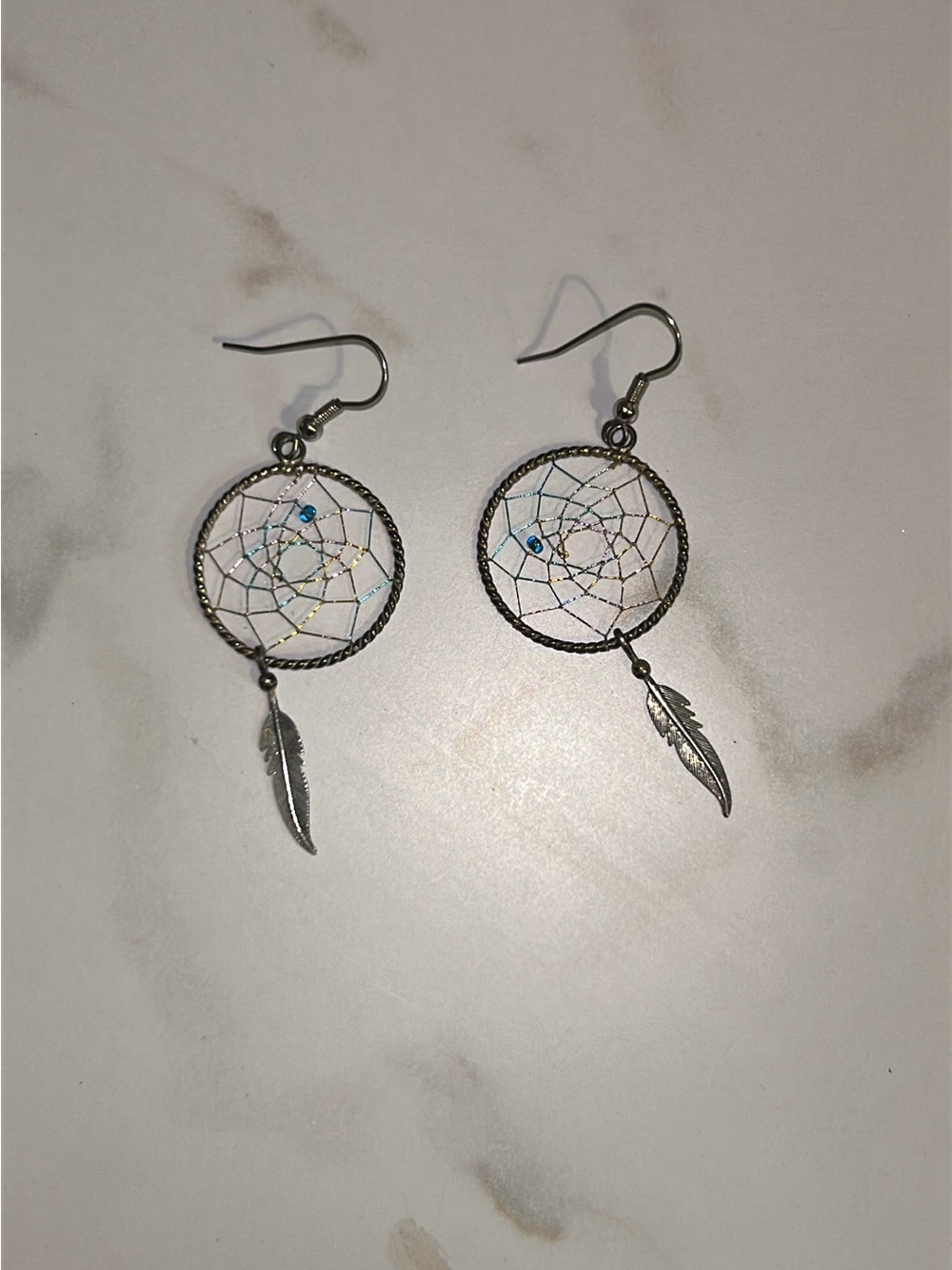 Silver Dreamcatcher Dangle Earrings with Blue Accent Beads